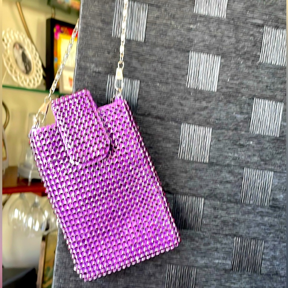 Vizzini wristlet with 8” strap. Purple beads. 5.5” x 3 3/4”. Great for party.